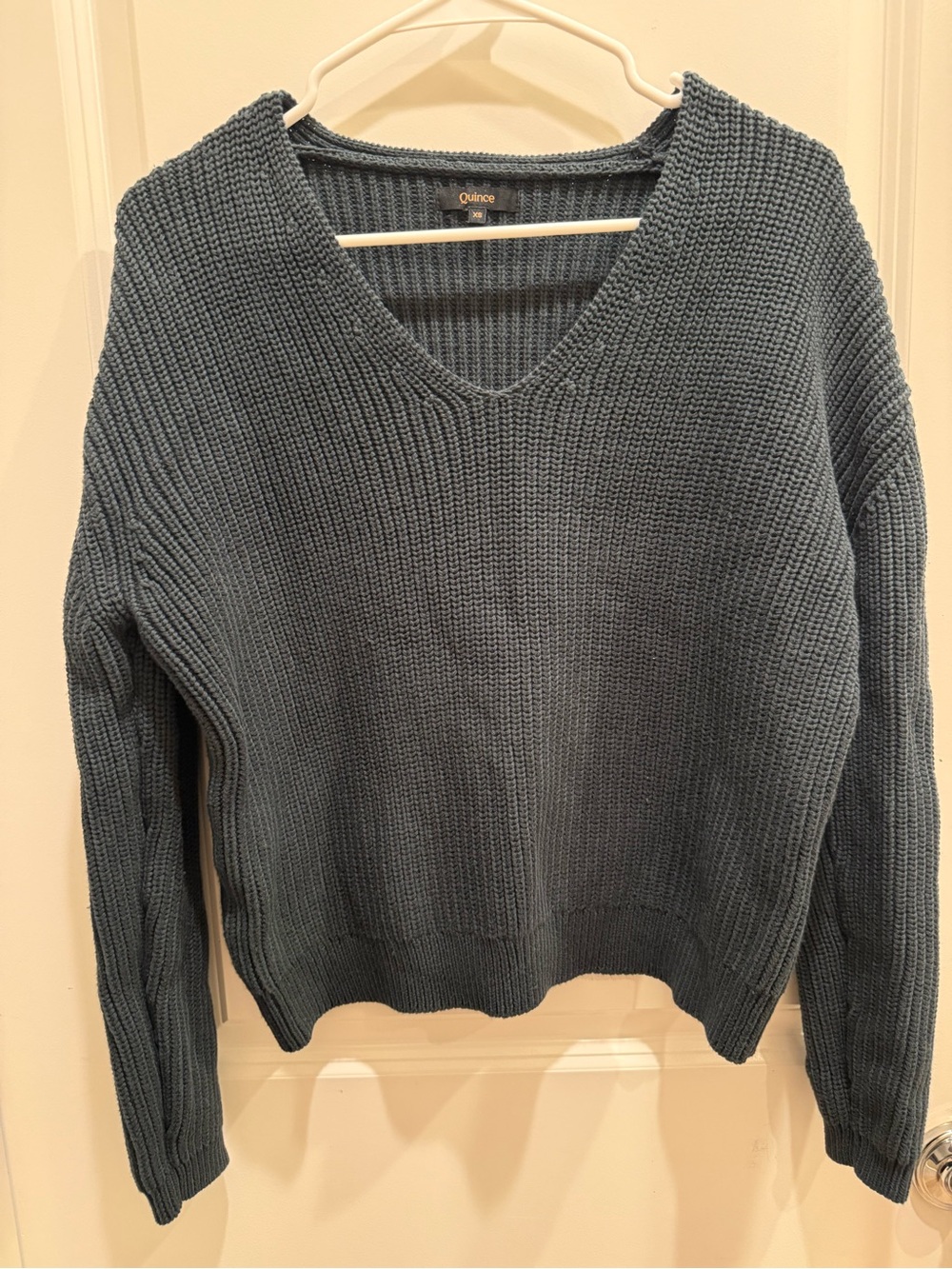 Quince XS Forest Green Chunky Ribbed V Neck Sweater Relaxed Pullover